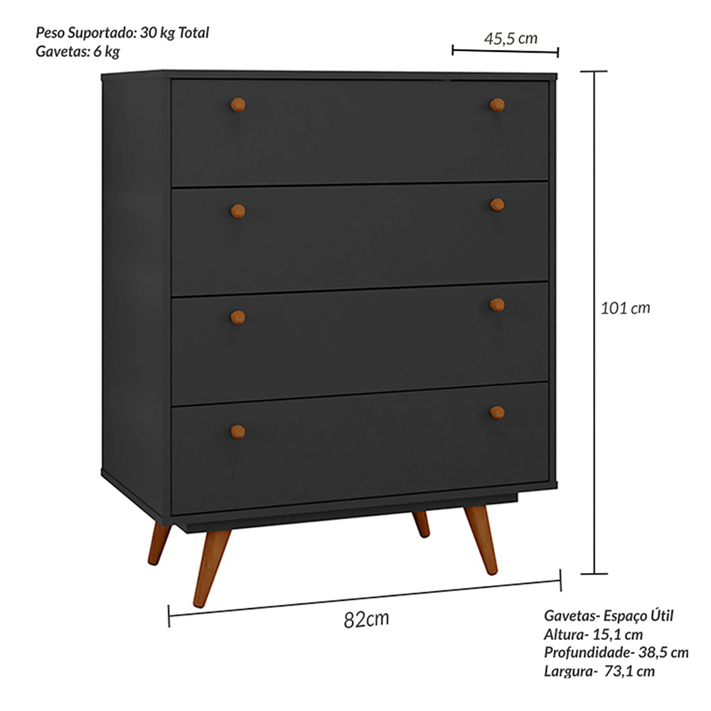 Quarto Solteiro Retrô Plus com Guarda-Roupa 3 PT 3 GV Cômoda 4 GV e Mesa de Cabeceira 1 GV Preto