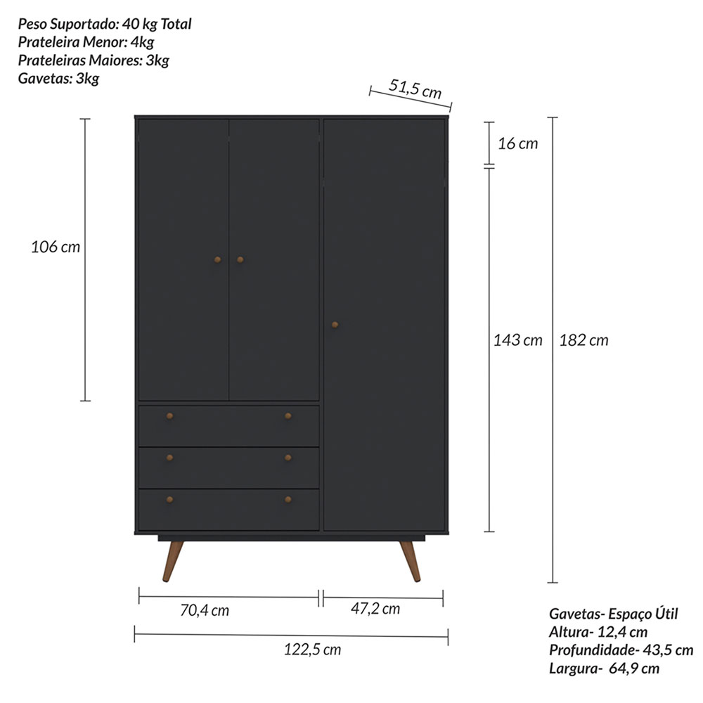 Quarto Solteiro Retrô Plus com Guarda-Roupa 3 PT 3 GV Cômoda 4 GV e Mesa de Cabeceira 1 GV Preto