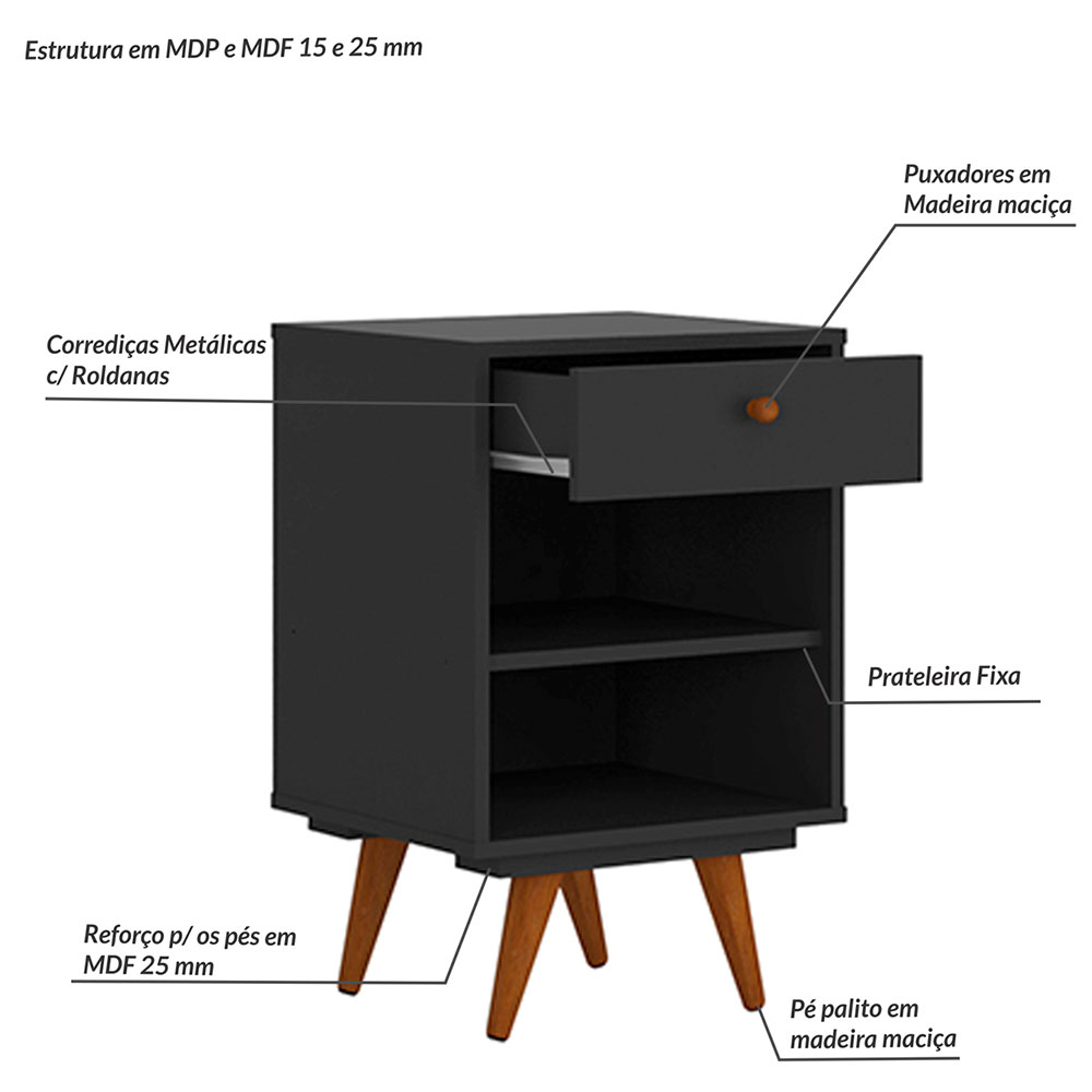 Quarto Solteiro Retrô Plus com Guarda-Roupa 3 PT 3 GV Cômoda 4 GV e Mesa de Cabeceira 1 GV Preto
