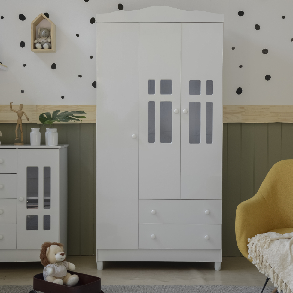 Quarto de Bebê Ariel II Berço Guarda-Roupa Cômoda Branco Infantil