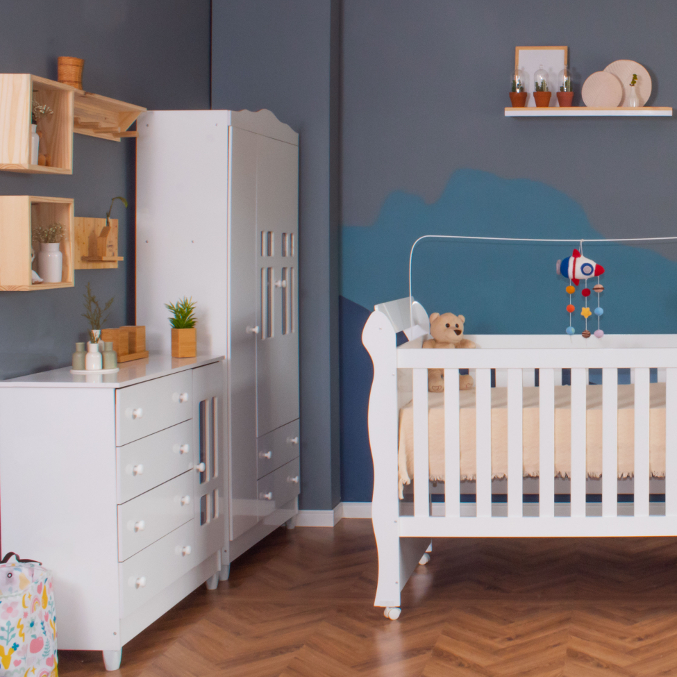 Quarto de Bebê Ariel II Berço Guarda-Roupa Cômoda Branco Infantil