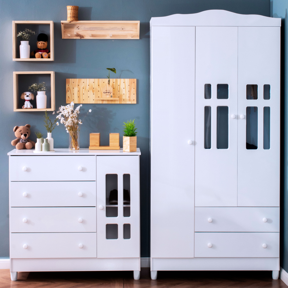 Quarto de Bebê Ariel II Berço Guarda-Roupa Cômoda Branco Infantil