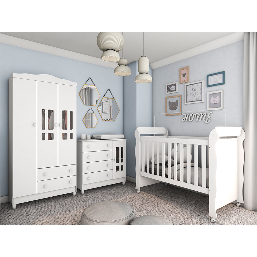 Quarto de Bebê Ariel II Berço Guarda-Roupa Cômoda Branco Infantil