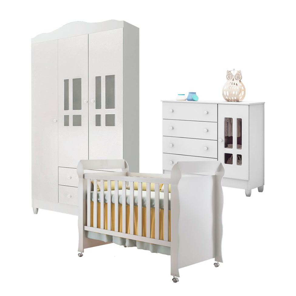 Quarto de Bebê Ariel II Berço Guarda-Roupa Cômoda Branco Infantil