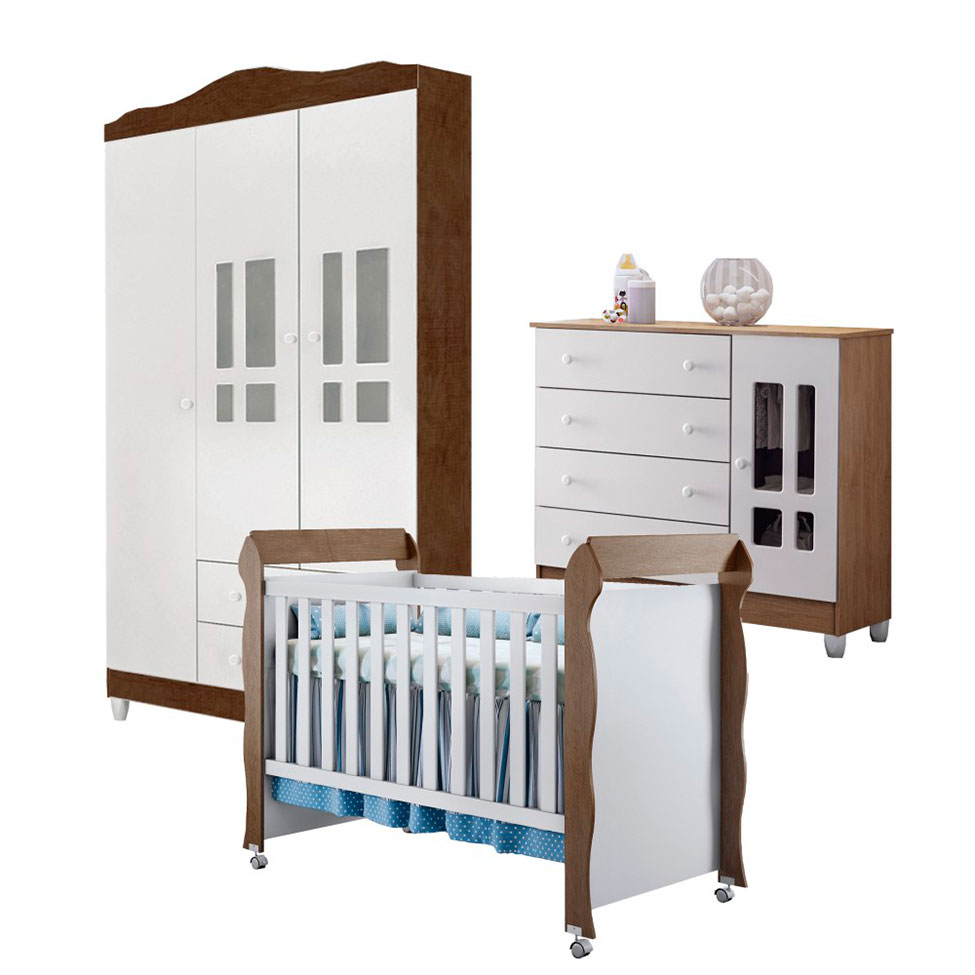 Quarto de Bebê Ariel II Berço Guarda-Roupa Cômoda Branco e Marrom Infantil