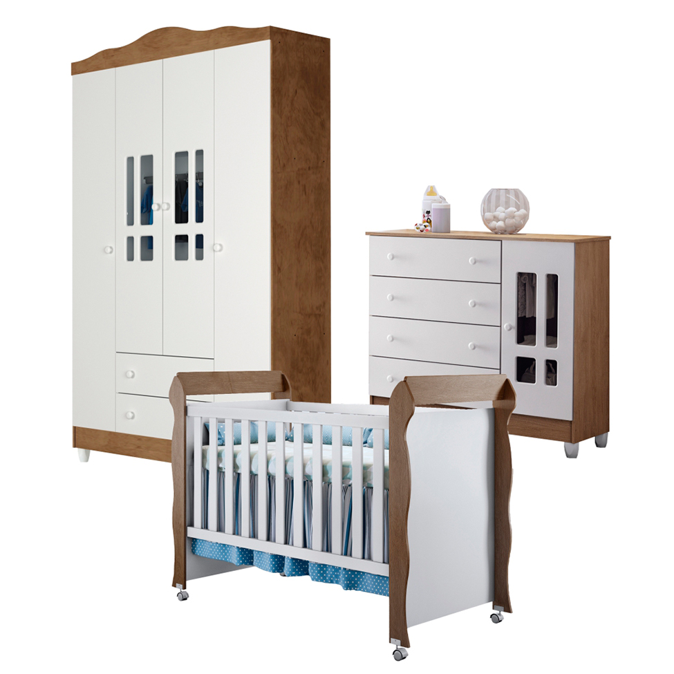 Quarto de Bebê Ariel IV Berço Guarda-Roupa Cômoda Branco e Marrom Infantil