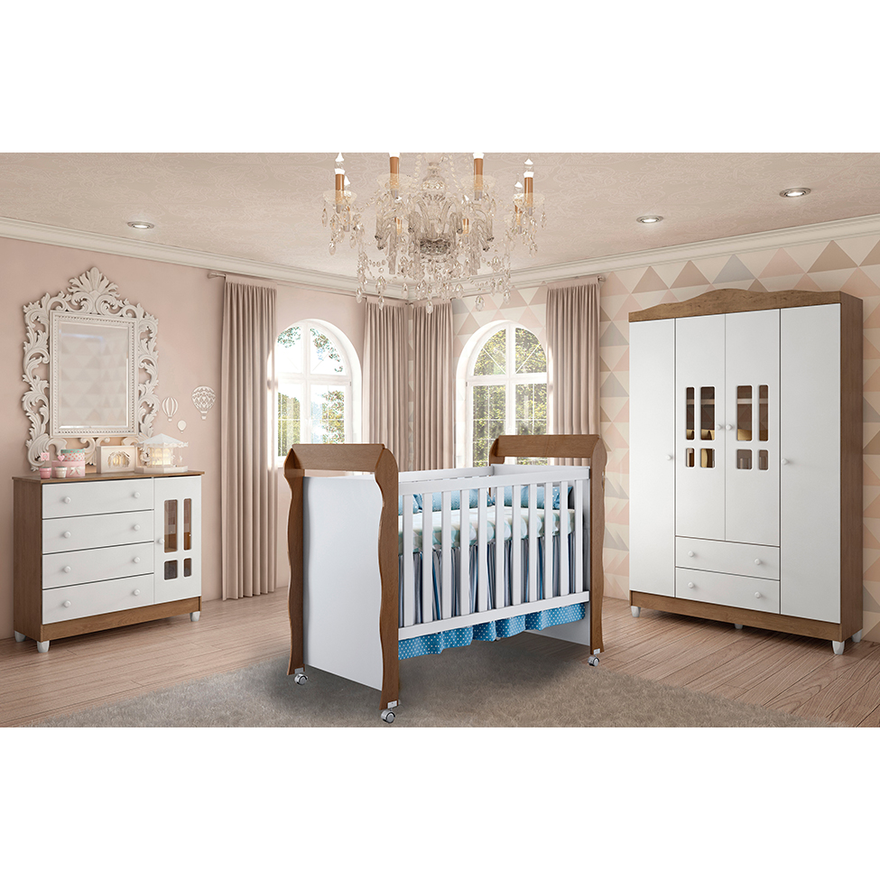 Quarto de Bebê Ariel IV Berço Guarda-Roupa Cômoda Branco e Marrom Infantil