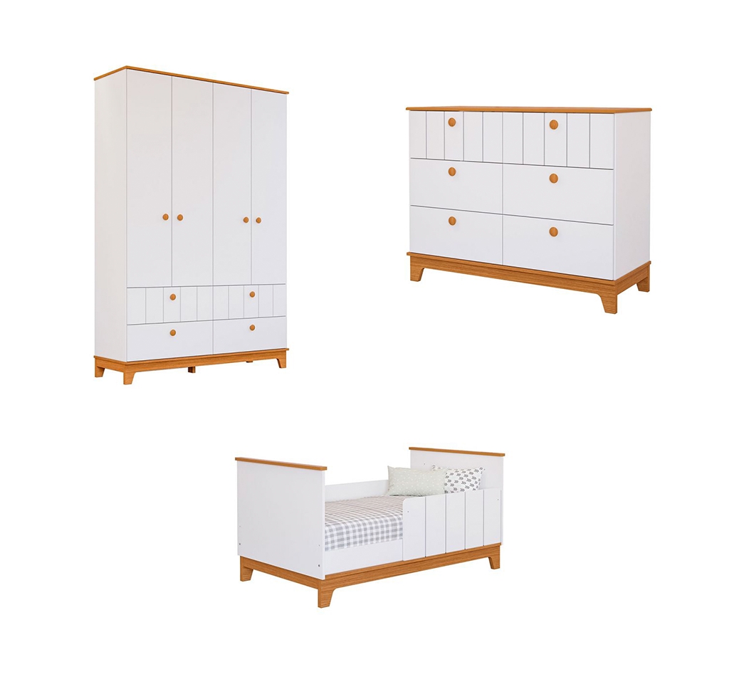Quarto de Bebê Biscoito com Berço Minicama, Guarda-Roupa 4 PT 4 GV e Cômoda 6 GV Branco e Nature