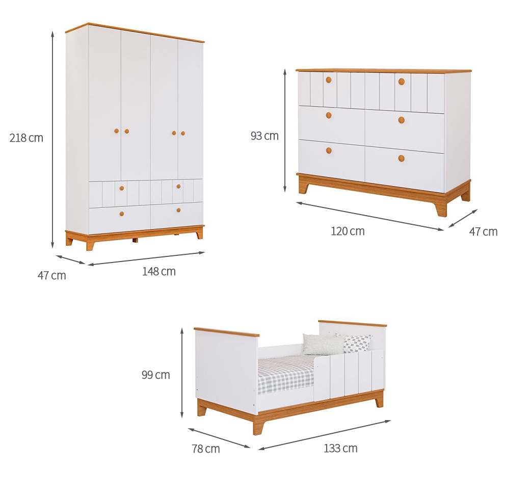 Quarto de Bebê Biscoito com Berço Minicama, Guarda-Roupa 4 PT 4 GV e Cômoda 6 GV Branco e Nature