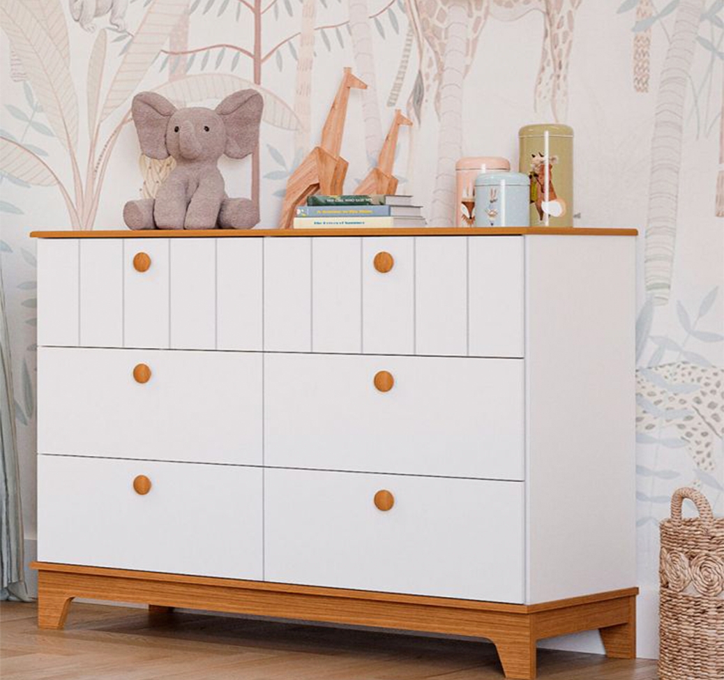Quarto de Bebê Biscoito com Berço Minicama, Guarda-Roupa 4 PT 4 GV e Cômoda 6 GV Branco e Nature