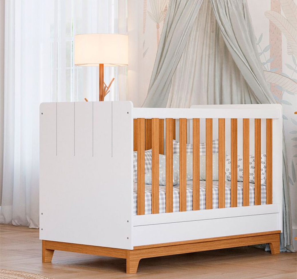 Quarto de Bebê Biscoito com Berço Minicama, Guarda-Roupa 4 PT 4 GV e Cômoda 6 GV Branco e Nature