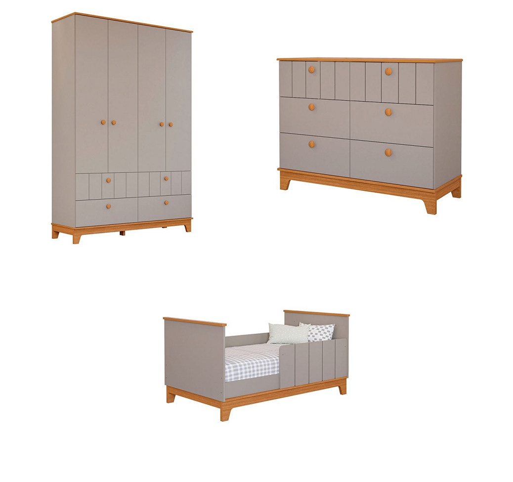 Quarto de Bebê Biscoito com Berço Minicama, Guarda-Roupa 4 PT 4 GV e Cômoda 6 GV Fendi e Nature