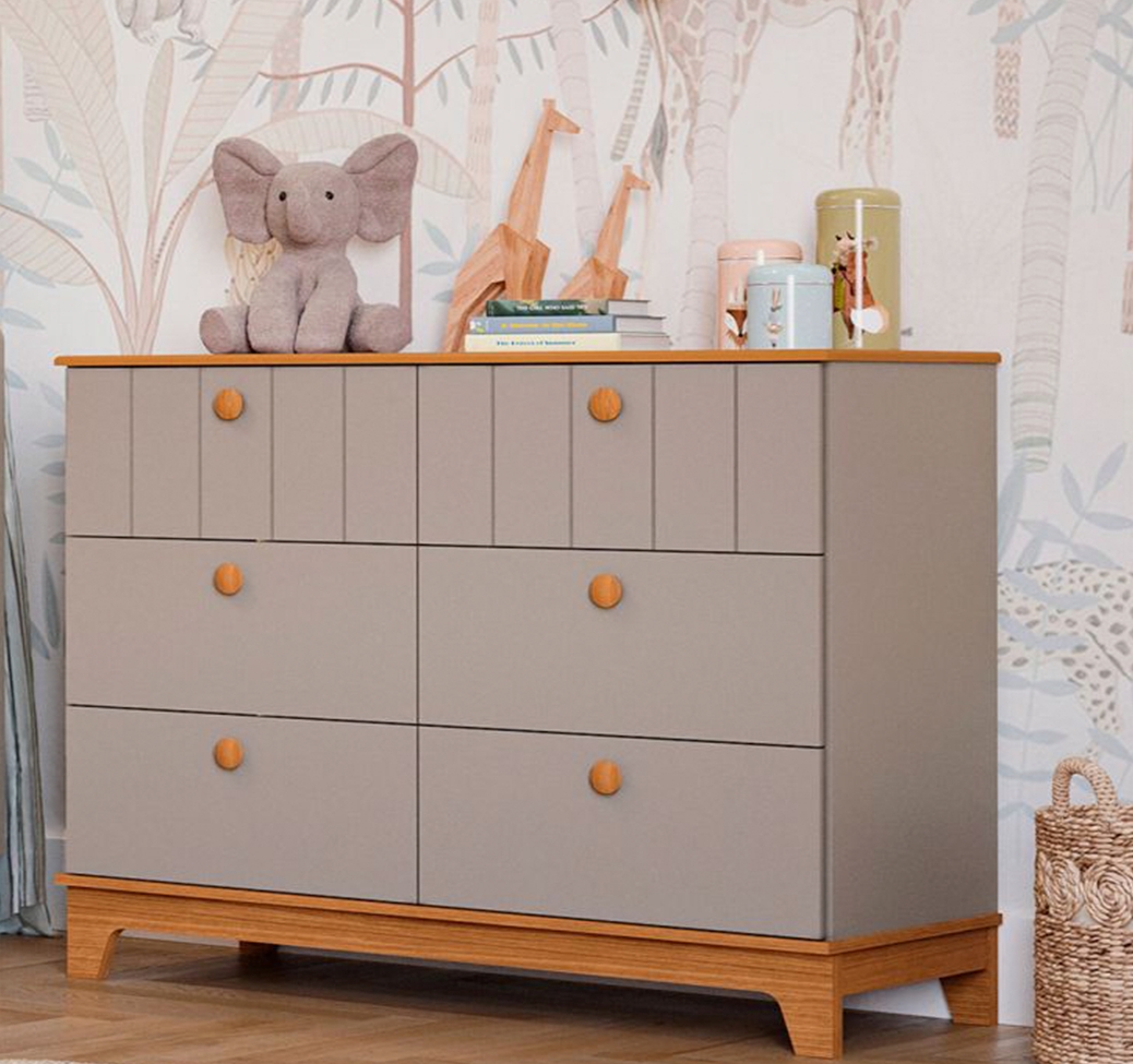 Quarto de Bebê Biscoito com Berço Minicama, Guarda-Roupa 4 PT 4 GV e Cômoda 6 GV Fendi e Nature