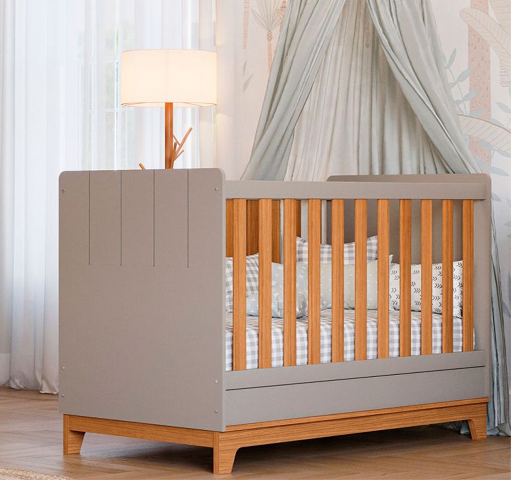 Quarto de Bebê Biscoito com Berço Minicama, Guarda-Roupa 4 PT 4 GV e Cômoda 6 GV Fendi e Nature