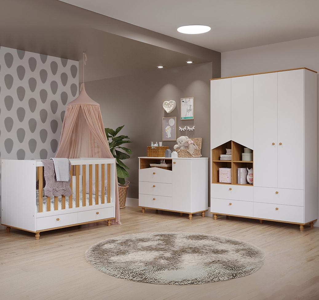 Quarto de Bebê Candy com Berço, Guarda-Roupa 4 PT 4 GV e Cômoda 1 PT 3 GV Branco e Nature