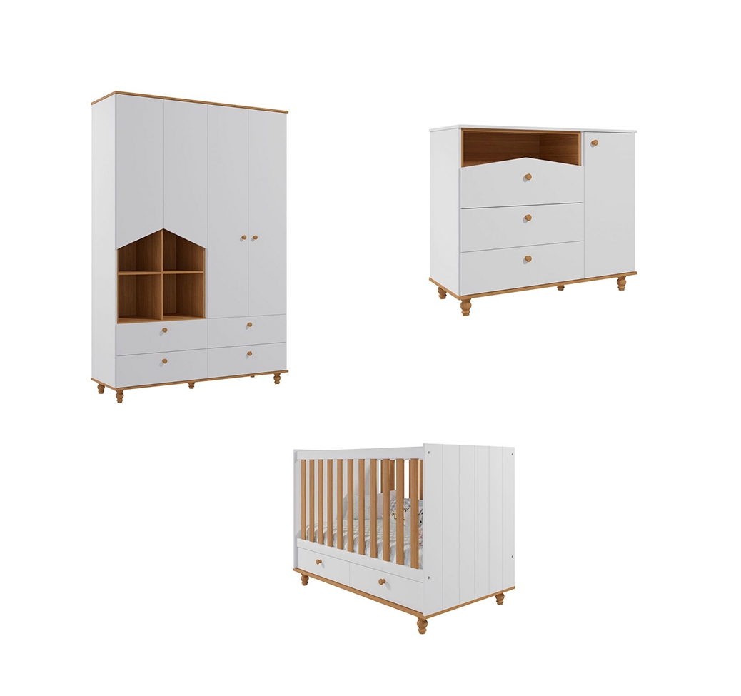 Quarto de Bebê Candy com Berço, Guarda-Roupa 4 PT 4 GV e Cômoda 1 PT 3 GV Branco e Nature