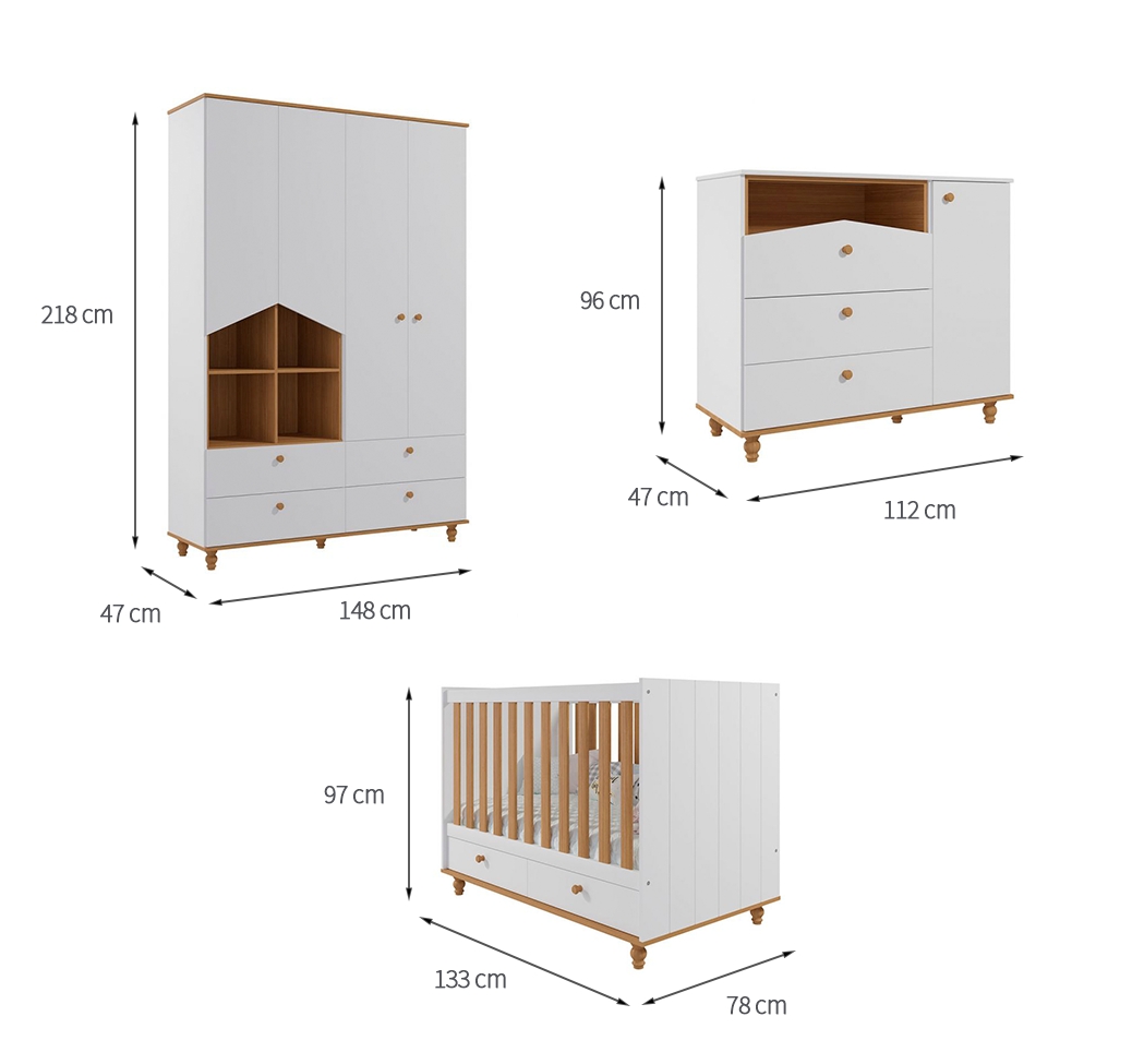 Quarto de Bebê Candy com Berço, Guarda-Roupa 4 PT 4 GV e Cômoda 1 PT 3 GV Branco e Nature