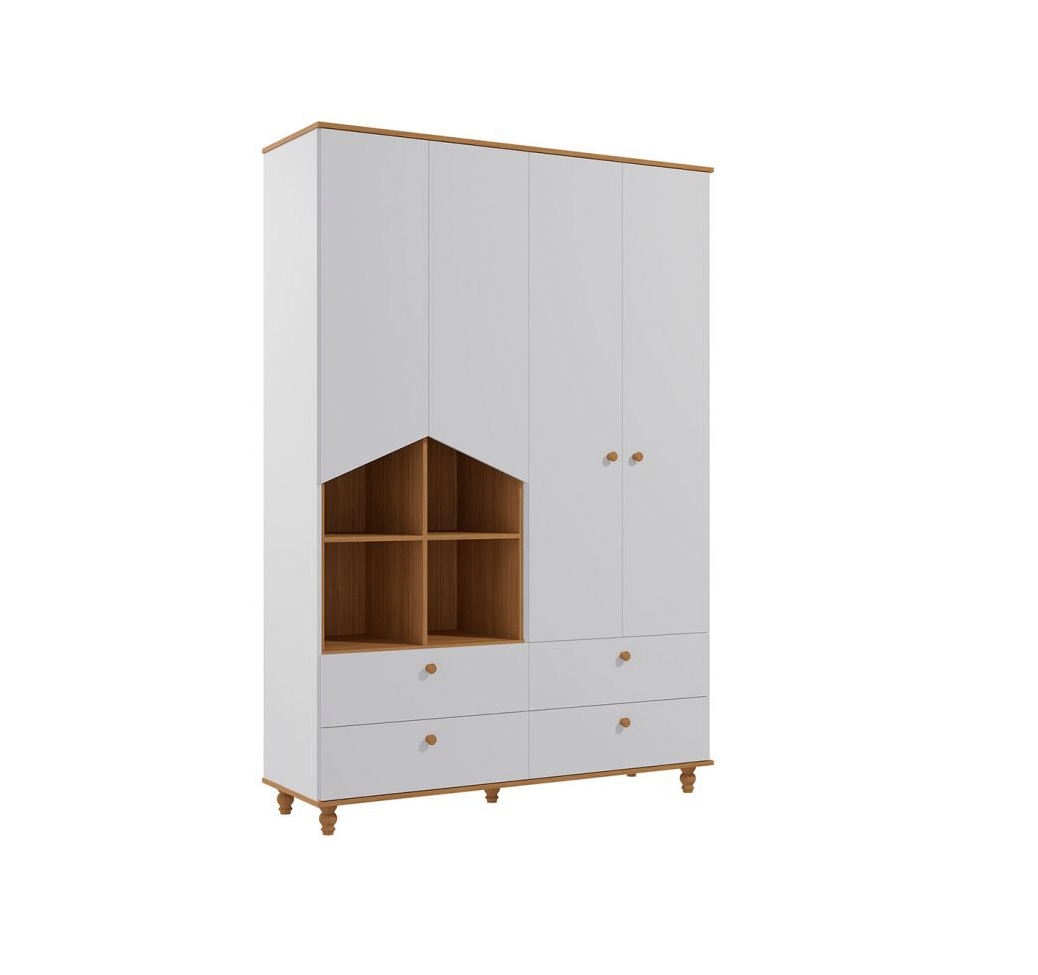 Quarto de Bebê Candy com Berço, Guarda-Roupa 4 PT 4 GV e Cômoda 1 PT 3 GV Branco e Nature