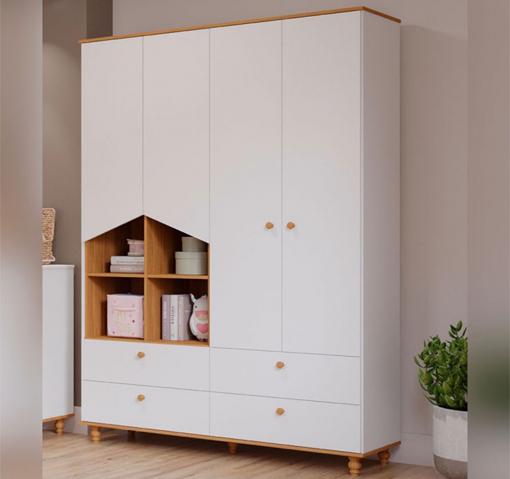 Quarto de Bebê Candy com Berço, Guarda-Roupa 4 PT 4 GV e Cômoda 1 PT 3 GV Branco e Nature