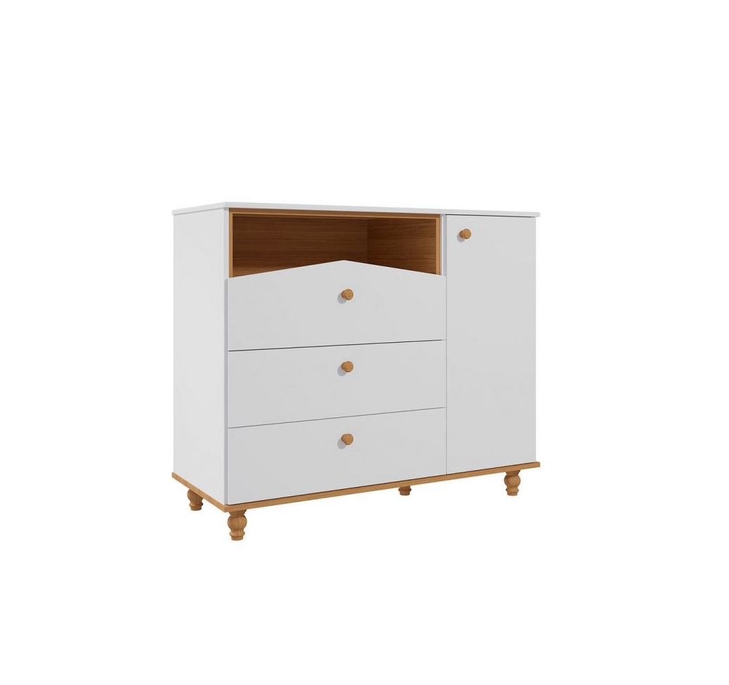 Quarto de Bebê Candy com Berço, Guarda-Roupa 4 PT 4 GV e Cômoda 1 PT 3 GV Branco e Nature