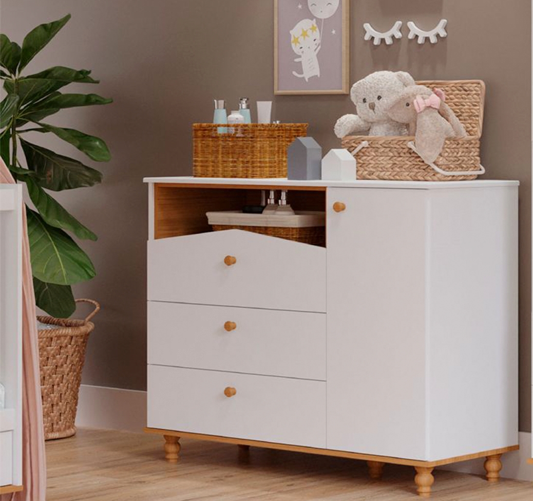 Quarto de Bebê Candy com Berço, Guarda-Roupa 4 PT 4 GV e Cômoda 1 PT 3 GV Branco e Nature