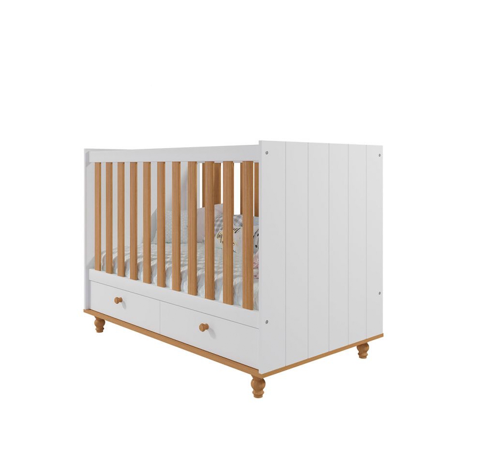 Quarto de Bebê Candy com Berço, Guarda-Roupa 4 PT 4 GV e Cômoda 1 PT 3 GV Branco e Nature