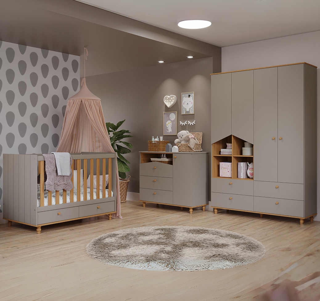 Quarto de Bebê Candy com Berço, Guarda-Roupa 4 PT 4 GV e Cômoda 1 PT 3 GV Fendi e Nature