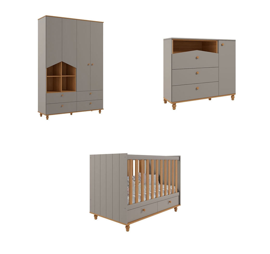 Quarto de Bebê Candy com Berço, Guarda-Roupa 4 PT 4 GV e Cômoda 1 PT 3 GV Fendi e Nature