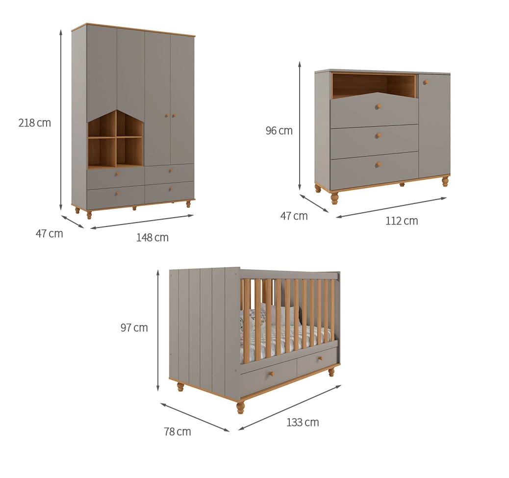Quarto de Bebê Candy com Berço, Guarda-Roupa 4 PT 4 GV e Cômoda 1 PT 3 GV Fendi e Nature