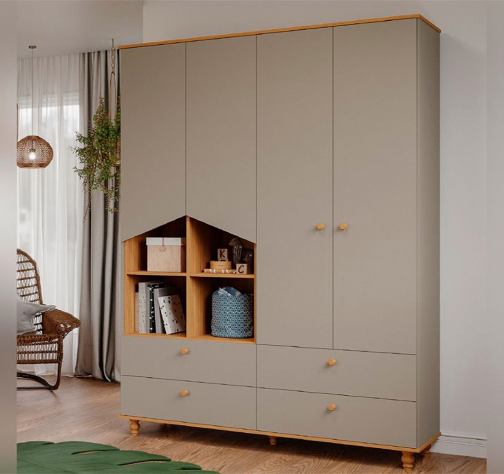 Quarto de Bebê Candy com Berço, Guarda-Roupa 4 PT 4 GV e Cômoda 1 PT 3 GV Fendi e Nature