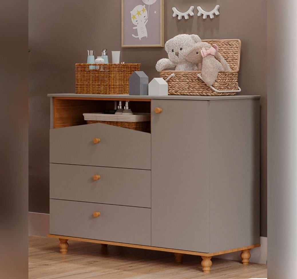Quarto de Bebê Candy com Berço, Guarda-Roupa 4 PT 4 GV e Cômoda 1 PT 3 GV Fendi e Nature