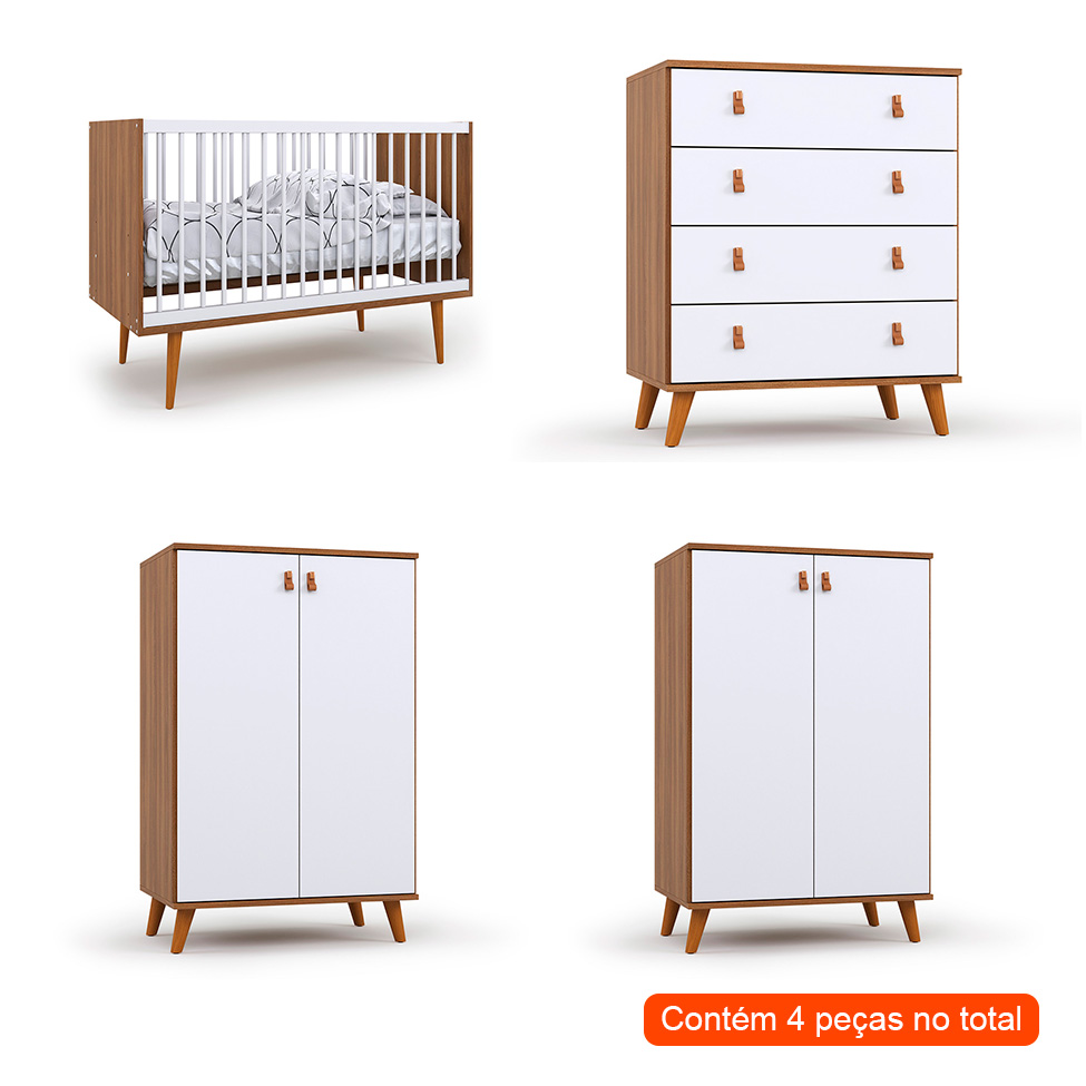 Quarto de Bebê Encanto com Berço 66 cm, Cômoda 4 GV e 2 Cômodas 2 PT Nogal  e Branco