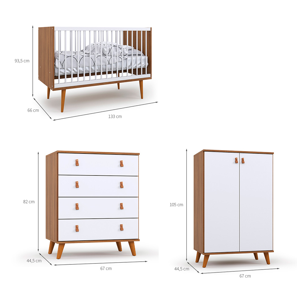 Quarto de Bebê Encanto com Berço 66 cm, Cômoda 4 GV e 2 Cômodas 2 PT Nogal  e Branco
