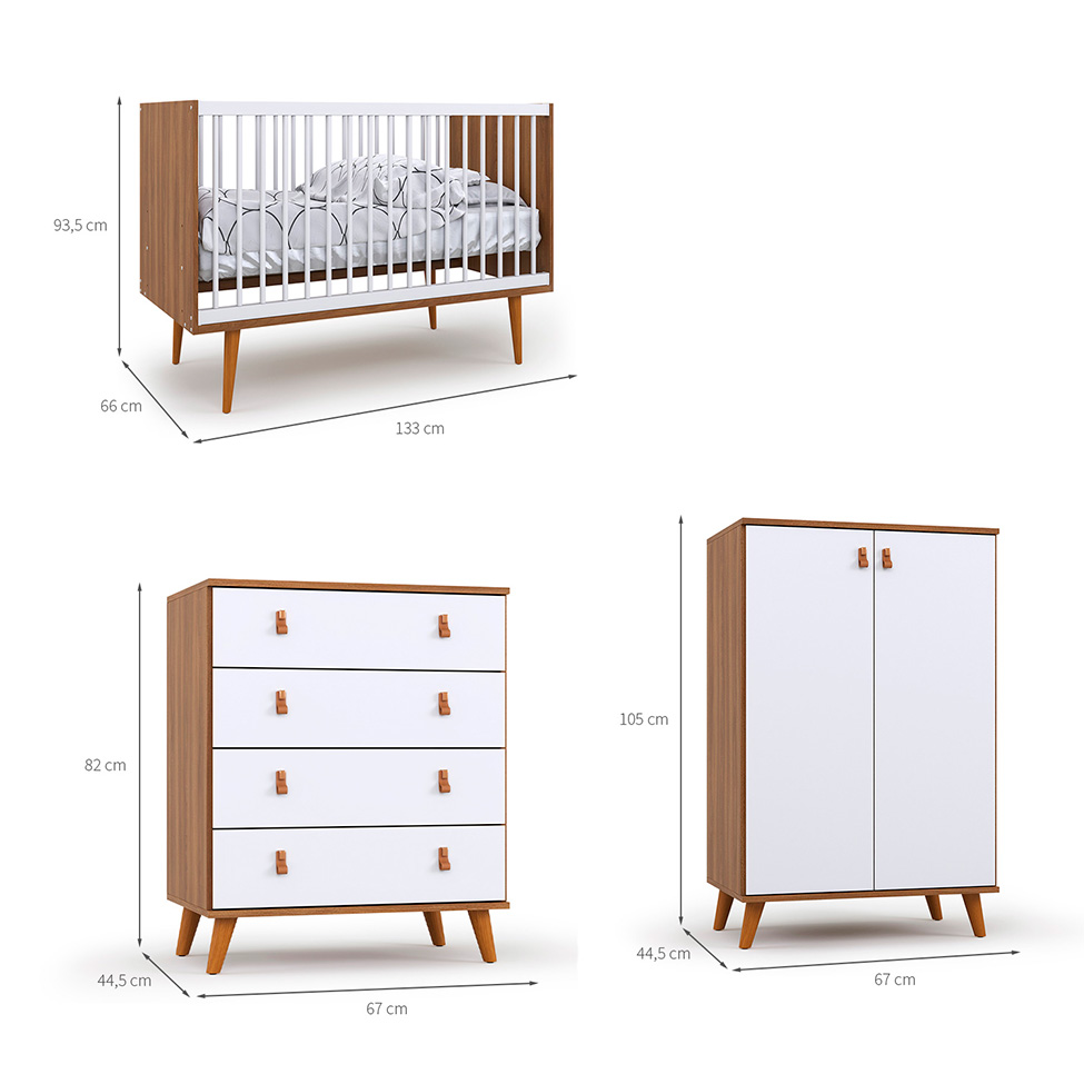 Quarto de Bebê Encanto com Berço 66 cm, Cômoda 4 GV e Cômoda 2 PT Nogal e Branco