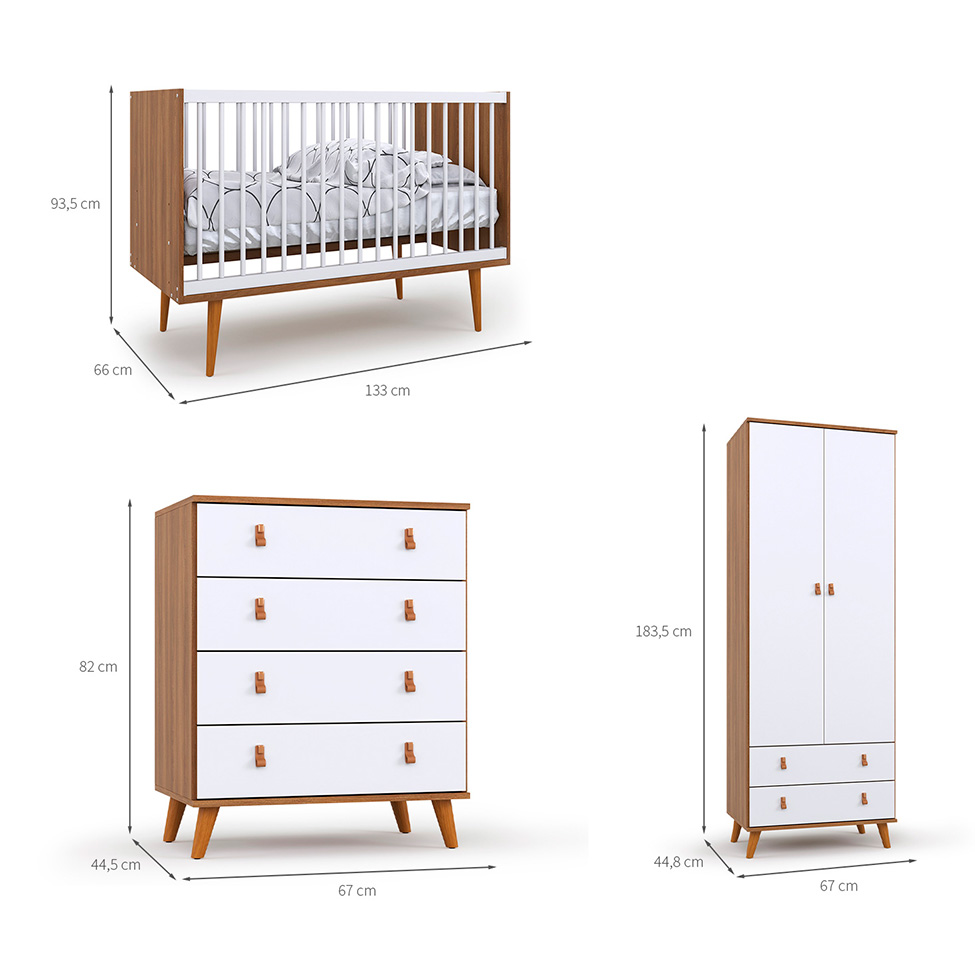 Quarto de Bebê Encanto com Berço 66 cm, Cômoda 4 GV e Guarda-Roupa 2 PT e 2 GV Nogal e Branco