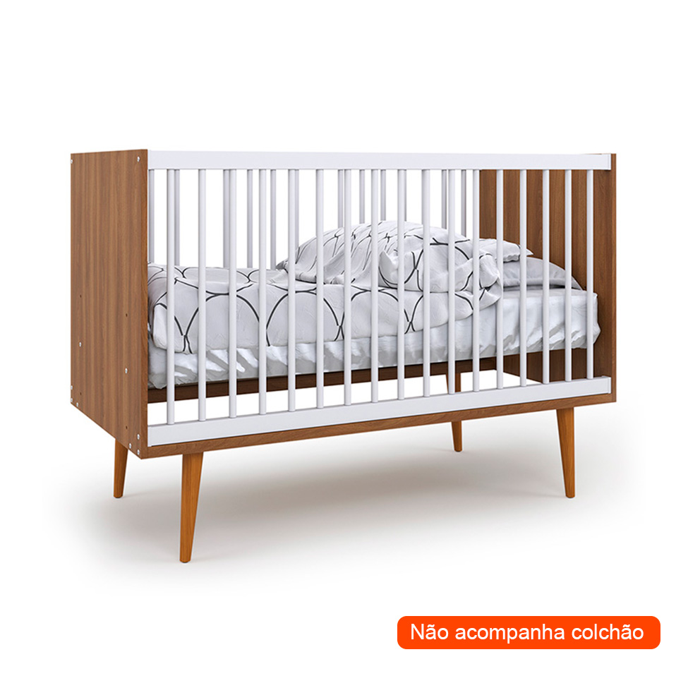 Quarto de Bebê Encanto com Berço 66 cm, Cômoda 4 GV e Guarda-Roupa 2 PT e 2 GV Nogal e Branco