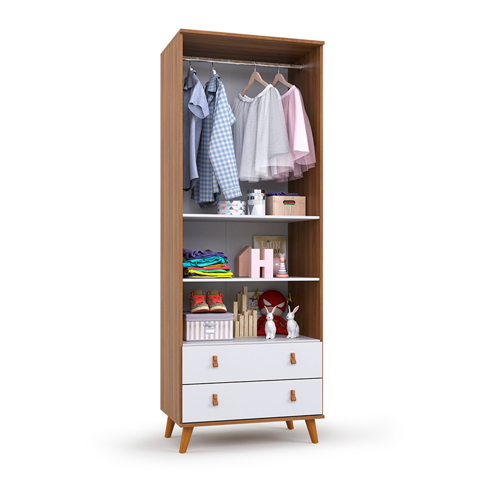 Quarto de Bebê Encanto com Berço 66 cm, Cômoda 4 GV e Guarda-Roupa 2 PT e 2 GV Nogal e Branco