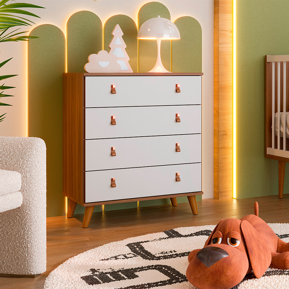 Quarto de Bebê Encanto com Berço 66 cm, Cômoda 4 GV e Guarda-Roupa 2 PT e 2 GV Nogal e Branco