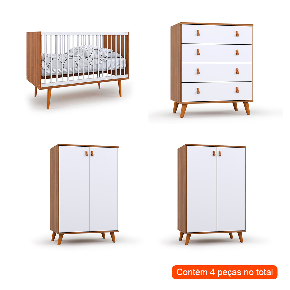 Quarto de Bebê Encanto com Berço 76 cm, Cômoda 4 GV e 2 Cômodas 2 PT Nogal e Branco
