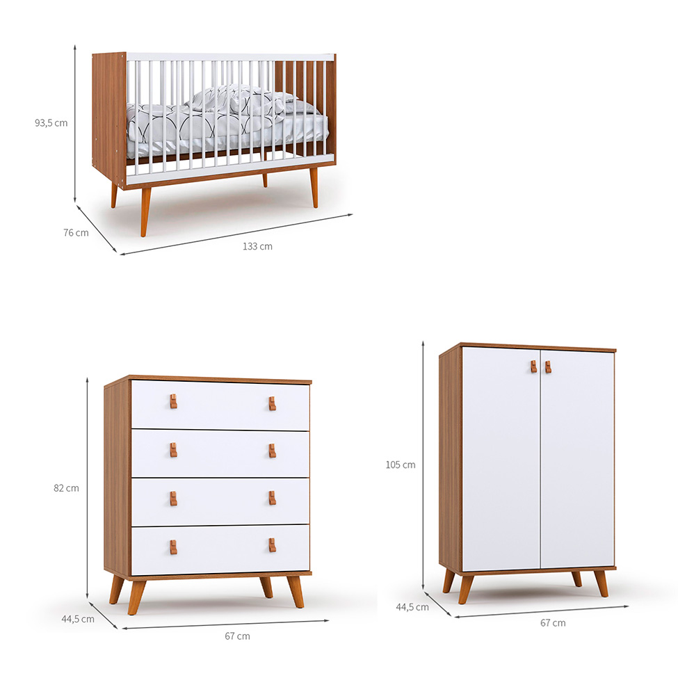 Quarto de Bebê Encanto com Berço 76 cm, Cômoda 4 GV e 2 Cômodas 2 PT Nogal e Branco