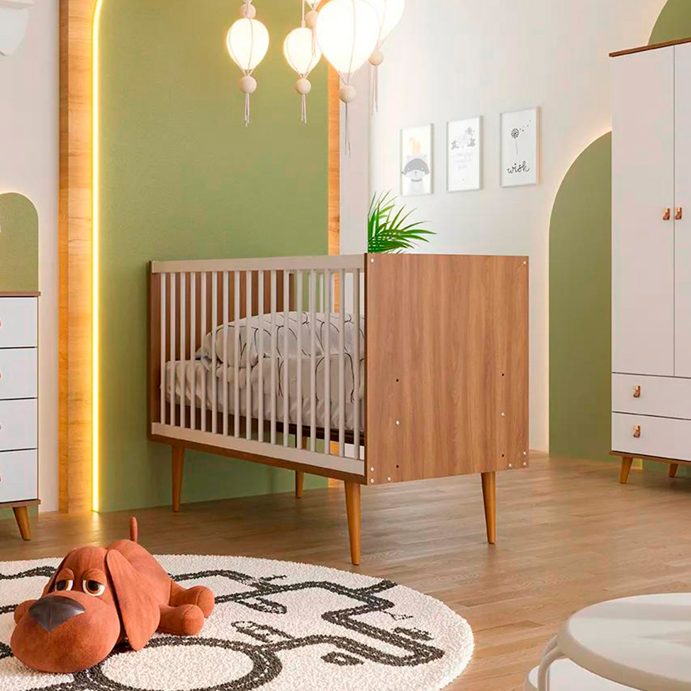 Quarto de Bebê Encanto com Berço 76 cm, Cômoda 4 GV e 2 Cômodas 2 PT Nogal e Branco