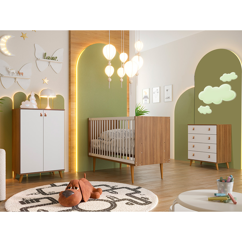 Quarto de Bebê Encanto com Berço 76 cm, Cômoda 4 GV e Cômoda 2 PT Nogal e Branco