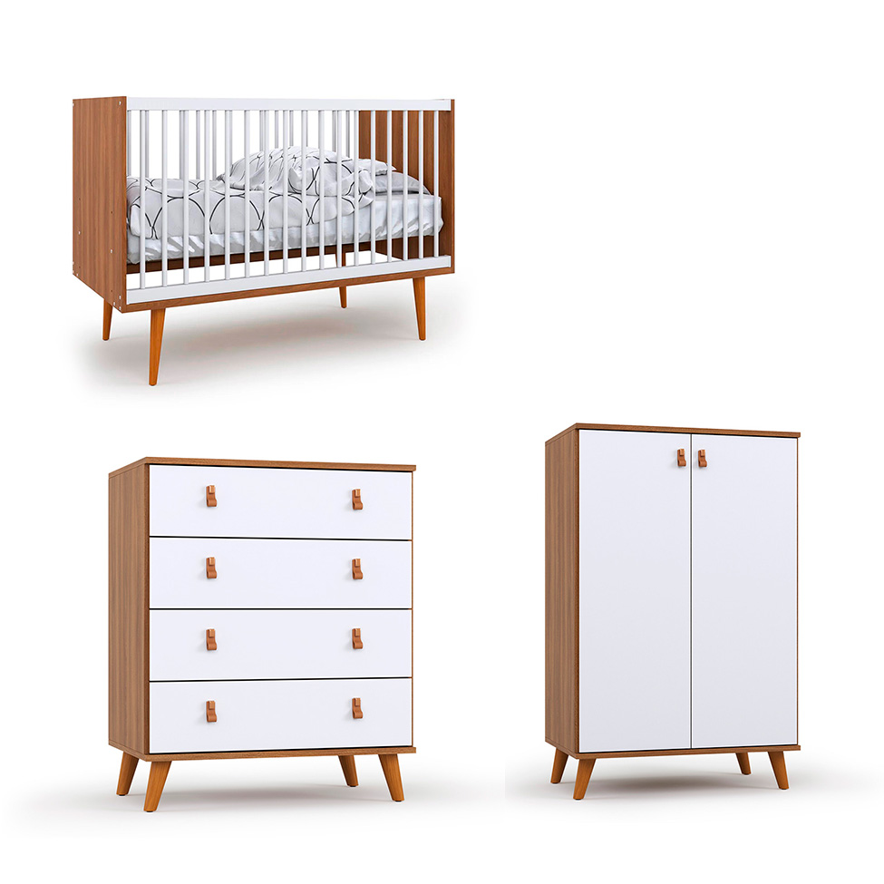 Quarto de Bebê Encanto com Berço 76 cm, Cômoda 4 GV e Cômoda 2 PT Nogal e Branco