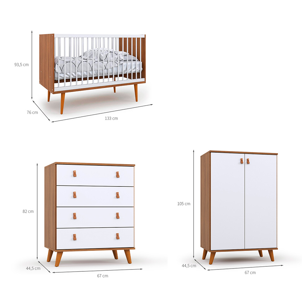 Quarto de Bebê Encanto com Berço 76 cm, Cômoda 4 GV e Cômoda 2 PT Nogal e Branco
