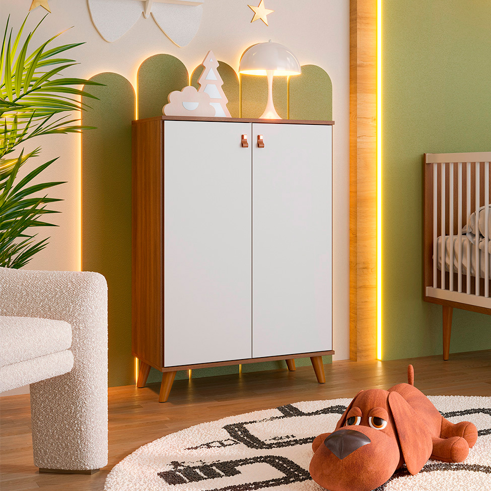 Quarto de Bebê Encanto com Berço 76 cm, Cômoda 4 GV e Cômoda 2 PT Nogal e Branco