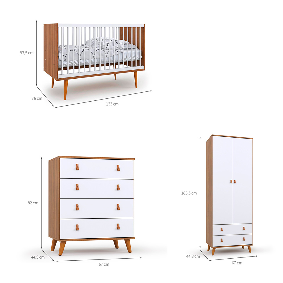 Quarto de Bebê Encanto com Berço 76 cm, Cômoda 4 GV e Guarda-Roupa 2 PT e 2 GV Nogal e Branco