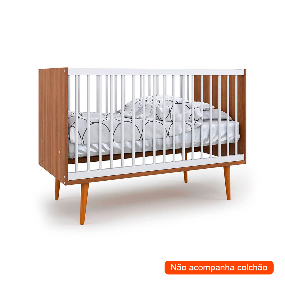 Quarto de Bebê Encanto com Berço 76 cm, Cômoda 4 GV e Guarda-Roupa 2 PT e 2 GV Nogal e Branco