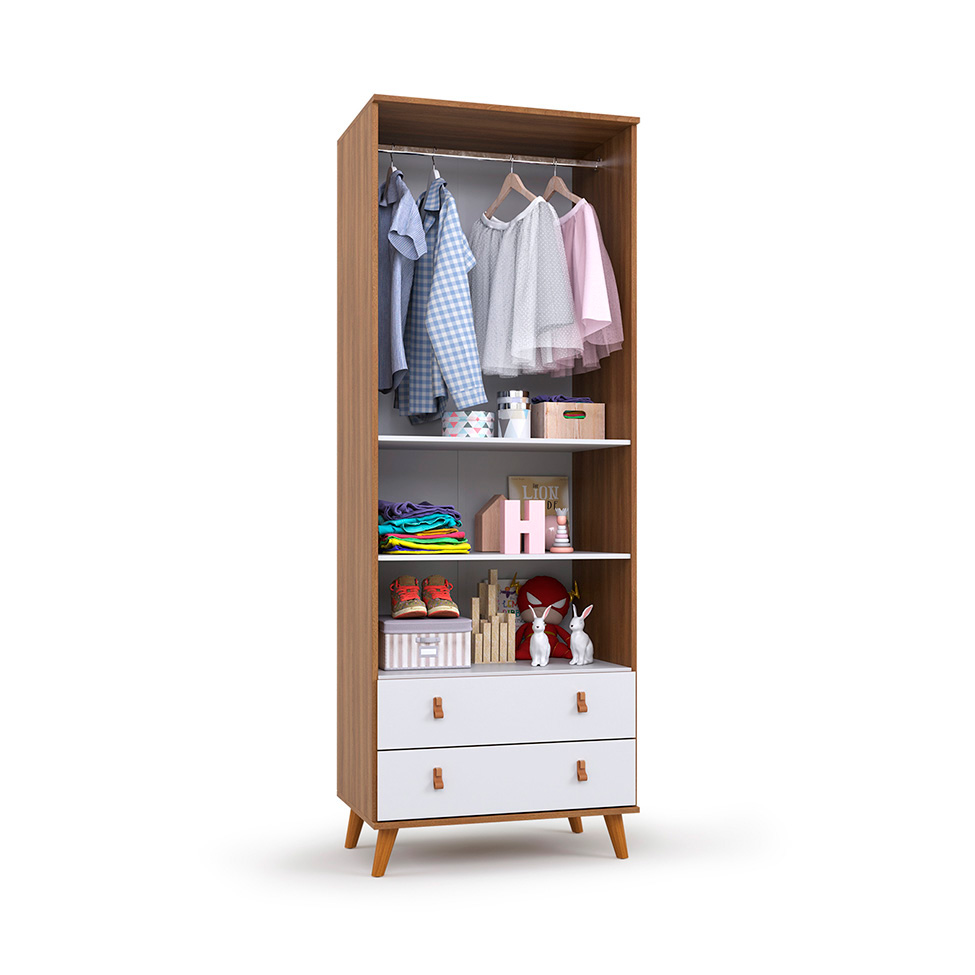 Quarto de Bebê Encanto com Berço 76 cm, Cômoda 4 GV e Guarda-Roupa 2 PT e 2 GV Nogal e Branco