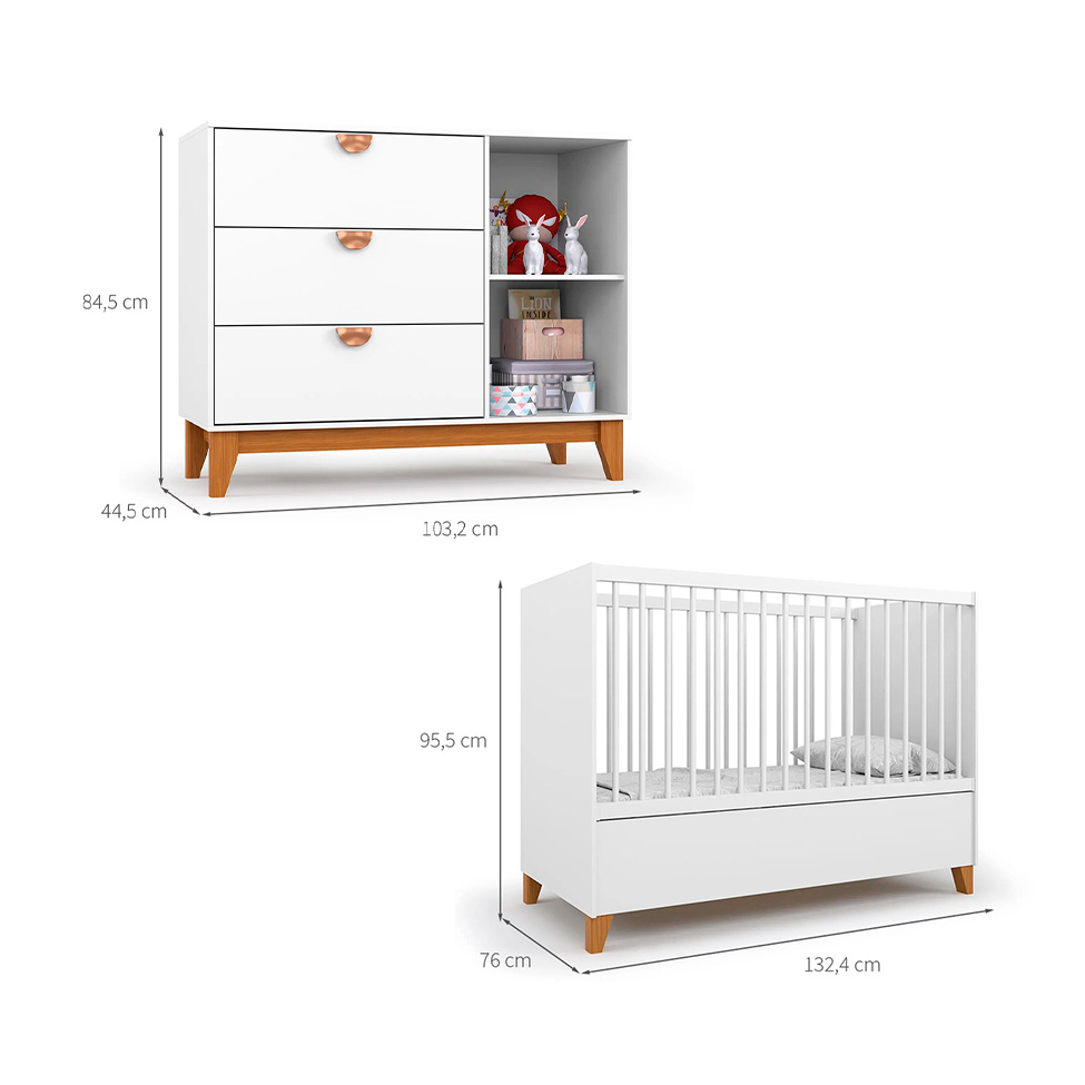 Quarto de Bebê Magia com Berço Minicama e Cômoda 1 Porta 3 Gavetas Branco