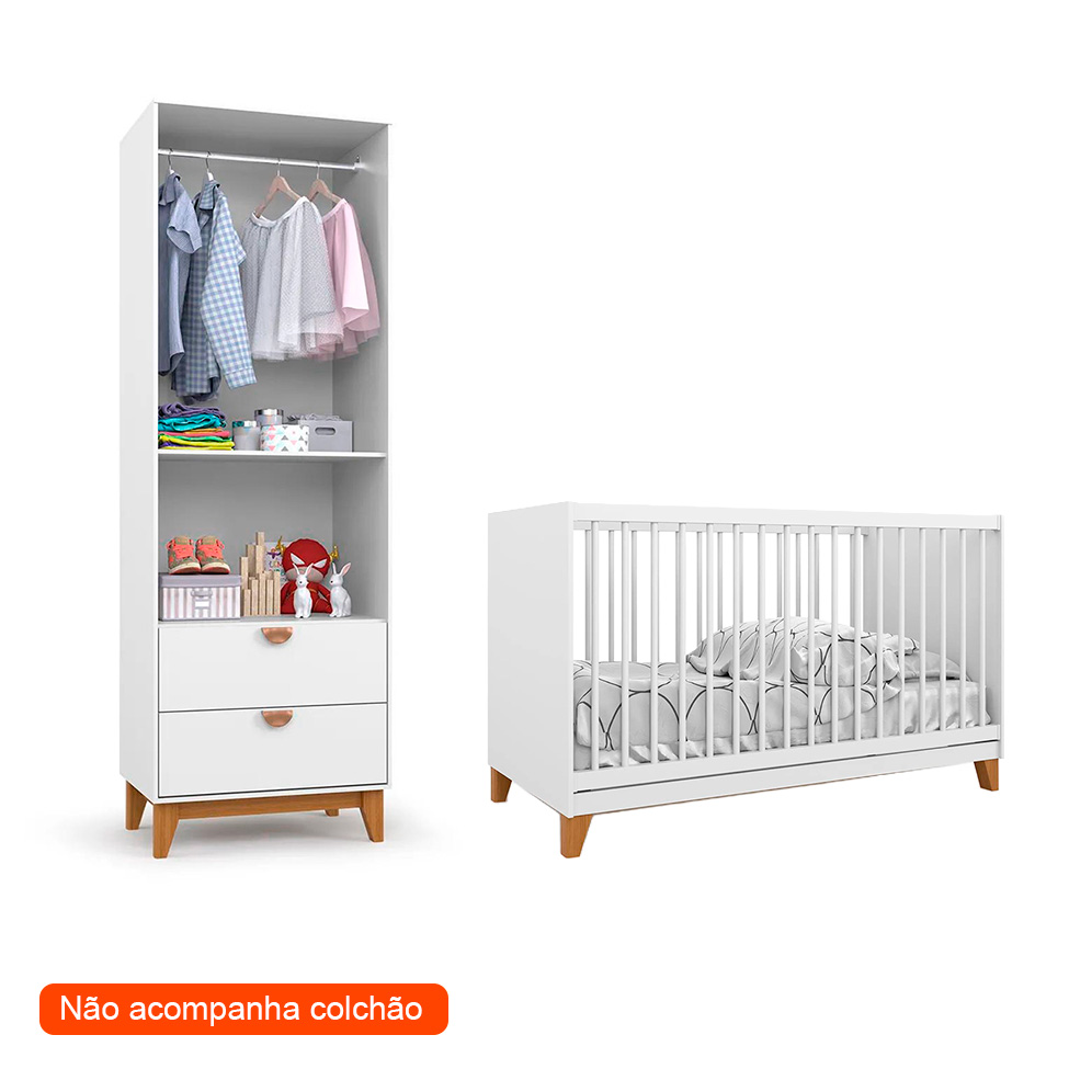 Quarto de Bebê Magia com Berço, Guarda-Roupa e Cômoda 2 Portas 5 Gavetas Branco e Amadeirado